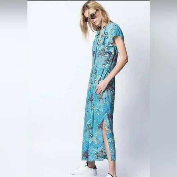 Zadig & Voltaire blue short sleeve maxi summer dress featuring flutter sleeves - Picture 2 of 4